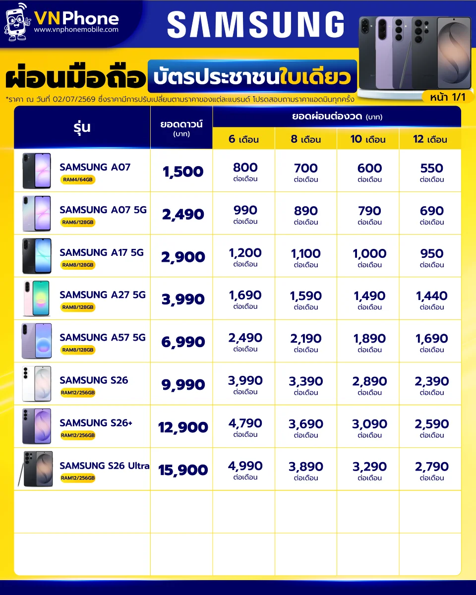ตารางผ่อน ผ่อนซัมซุง ผ่อน samsung